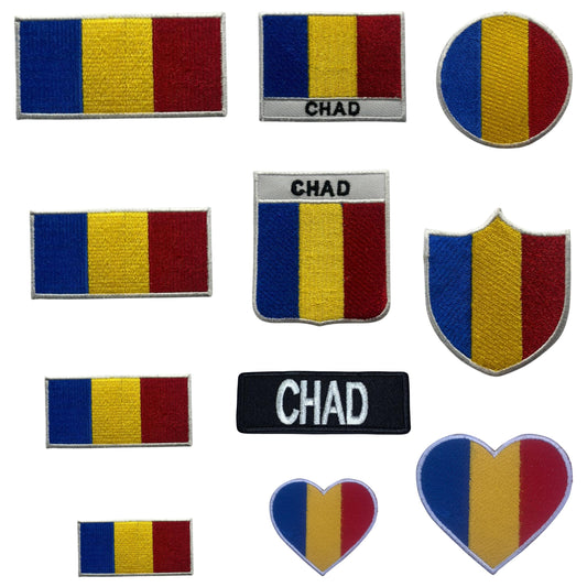 Chad Flag Embroidered Patch Set, Iron-On or Sew-On Applique Badges, Rectangle Shield Round Heart Shapes, for Jackets, Backpacks, Hats, Uniforms and Various Sizes