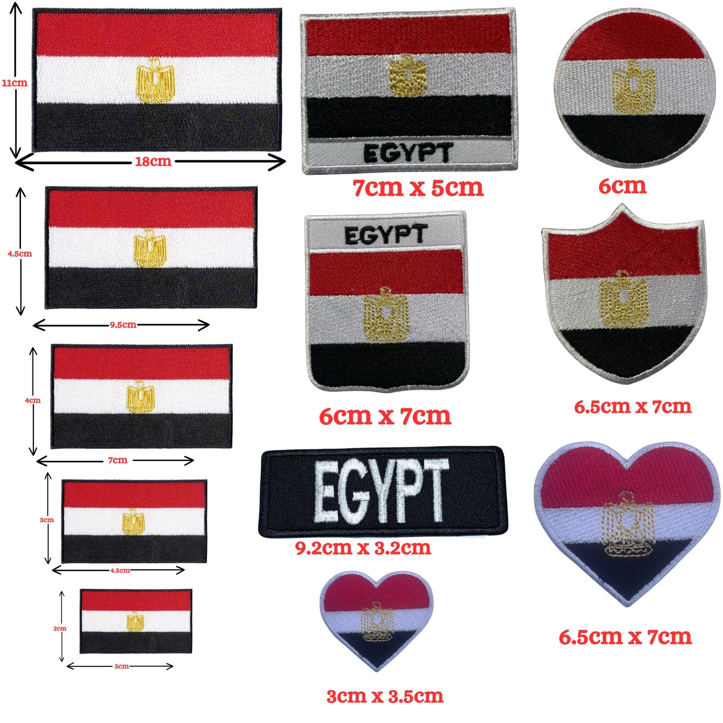 Egypt Flag Embroidered Patches, Iron-On/Sew-On Applique, Shield, Round, Heart and Rectangle Flag Badges for Jackets, Bags, Uniforms, Various Sizes