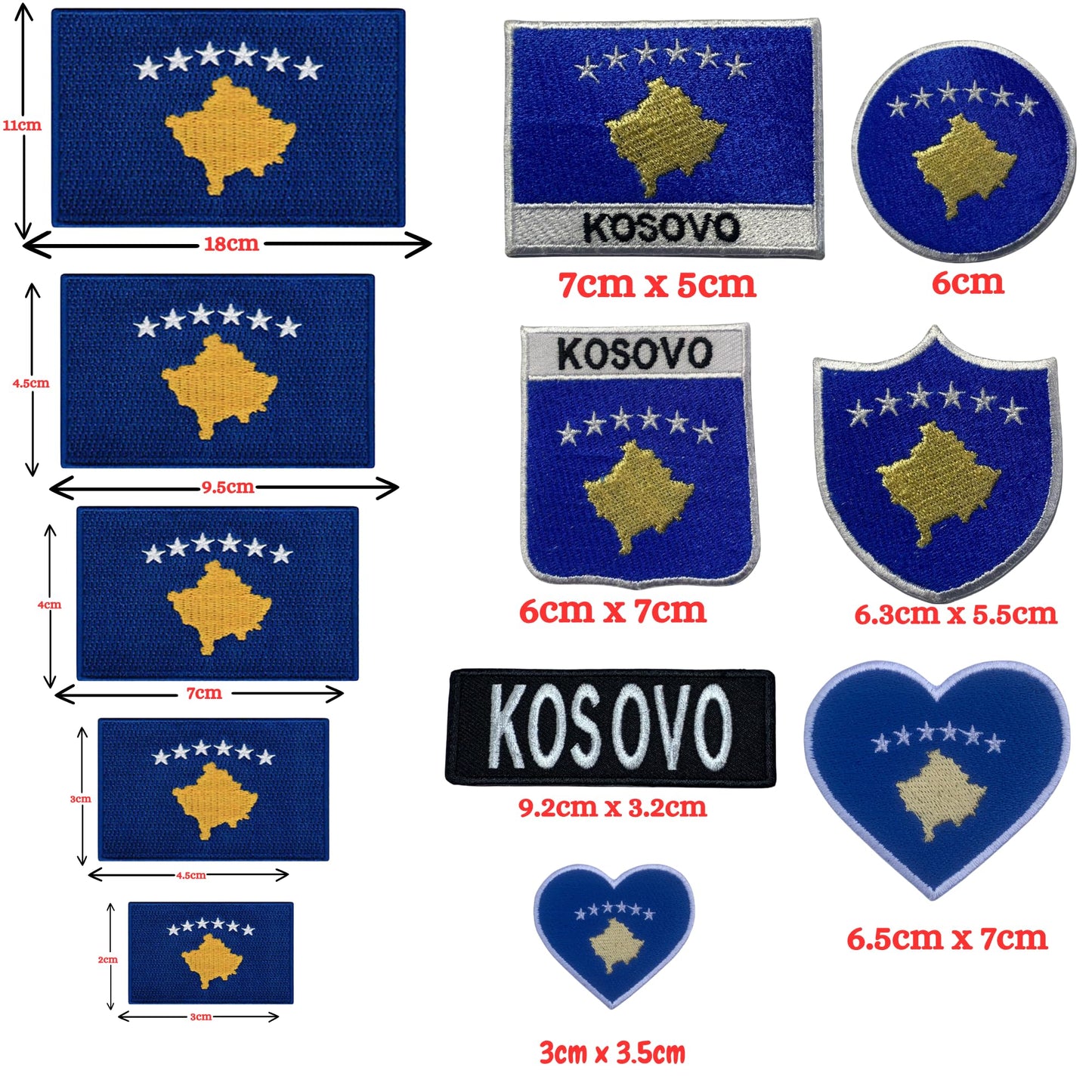 Kosovo Flag Embroidered Patch Set, Iron-On or Sew-On Applique Badges, Rectangle Shield Round Heart Shapes, for Jackets, Backpacks, Hats, Uniforms and Various Sizes