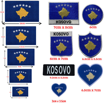 Kosovo Flag Embroidered Patch Set, Iron-On or Sew-On Applique Badges, Rectangle Shield Round Heart Shapes, for Jackets, Backpacks, Hats, Uniforms and Various Sizes