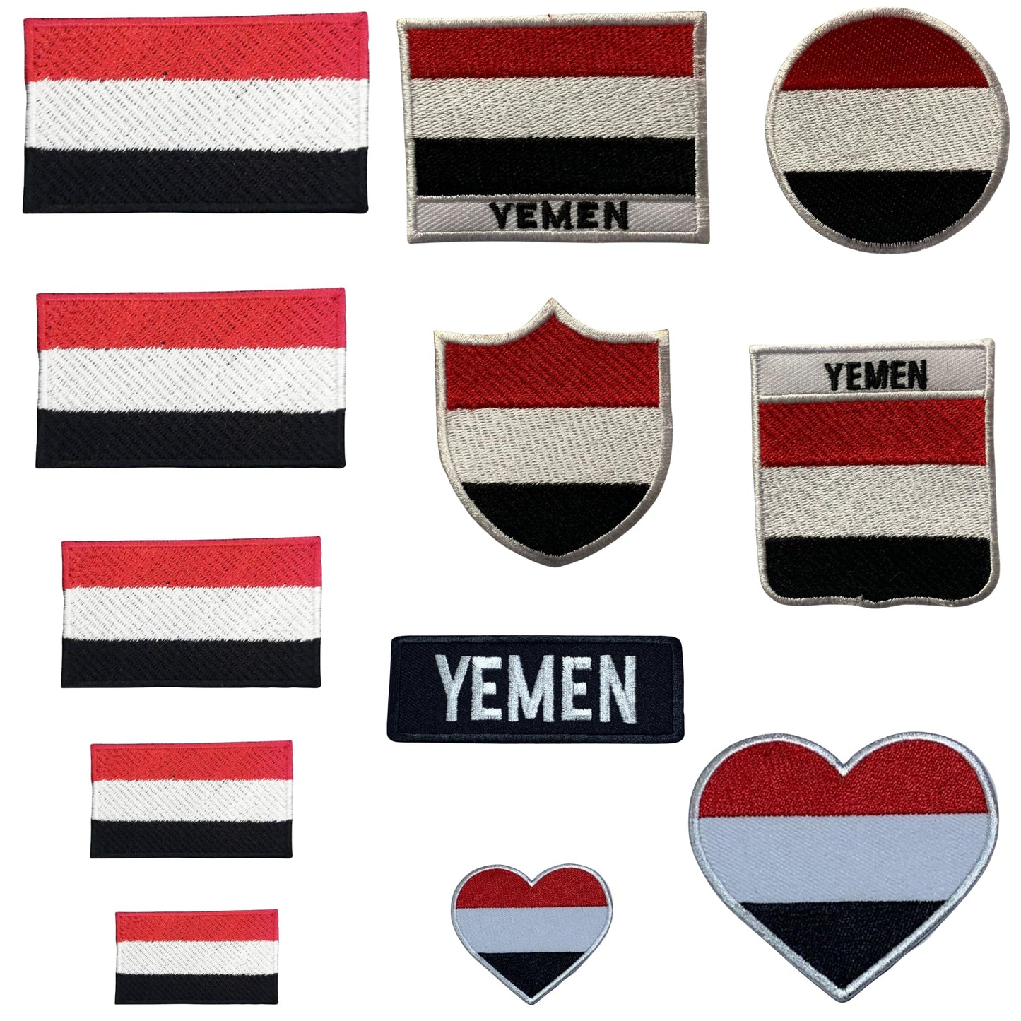 Yemen Flag Embroidered Patch Set, Iron-On or Sew-On Applique Badges, Rectangle Shield Round Heart Shapes, for Jackets, Backpacks, Hats, Uniforms and Various Sizes