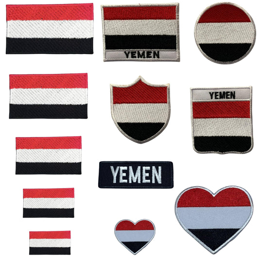 Yemen Flag Embroidered Patch Set, Iron-On or Sew-On Applique Badges, Rectangle Shield Round Heart Shapes, for Jackets, Backpacks, Hats, Uniforms and Various Sizes