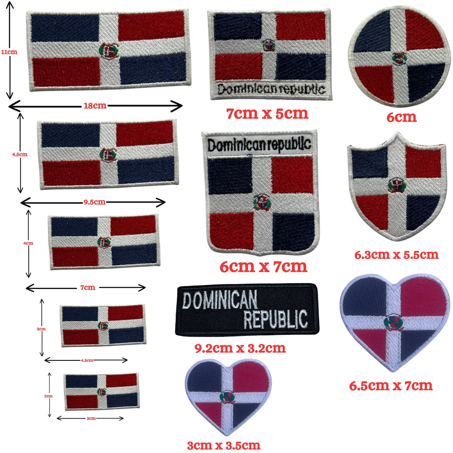 Dominican Republic Flag Embroidered Patch Set, Iron-On or Sew-On Applique Badges, Rectangle Shield Round Heart Shapes, for Jackets, Backpacks, Hats, Uniforms and Various Sizes