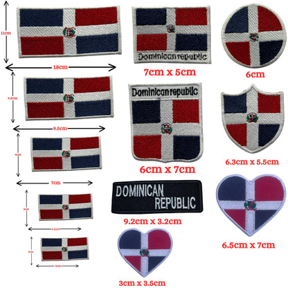 Dominican Republic Flag Embroidered Patch Set, Iron-On or Sew-On Applique Badges, Rectangle Shield Round Heart Shapes, for Jackets, Backpacks, Hats, Uniforms and Various Sizes