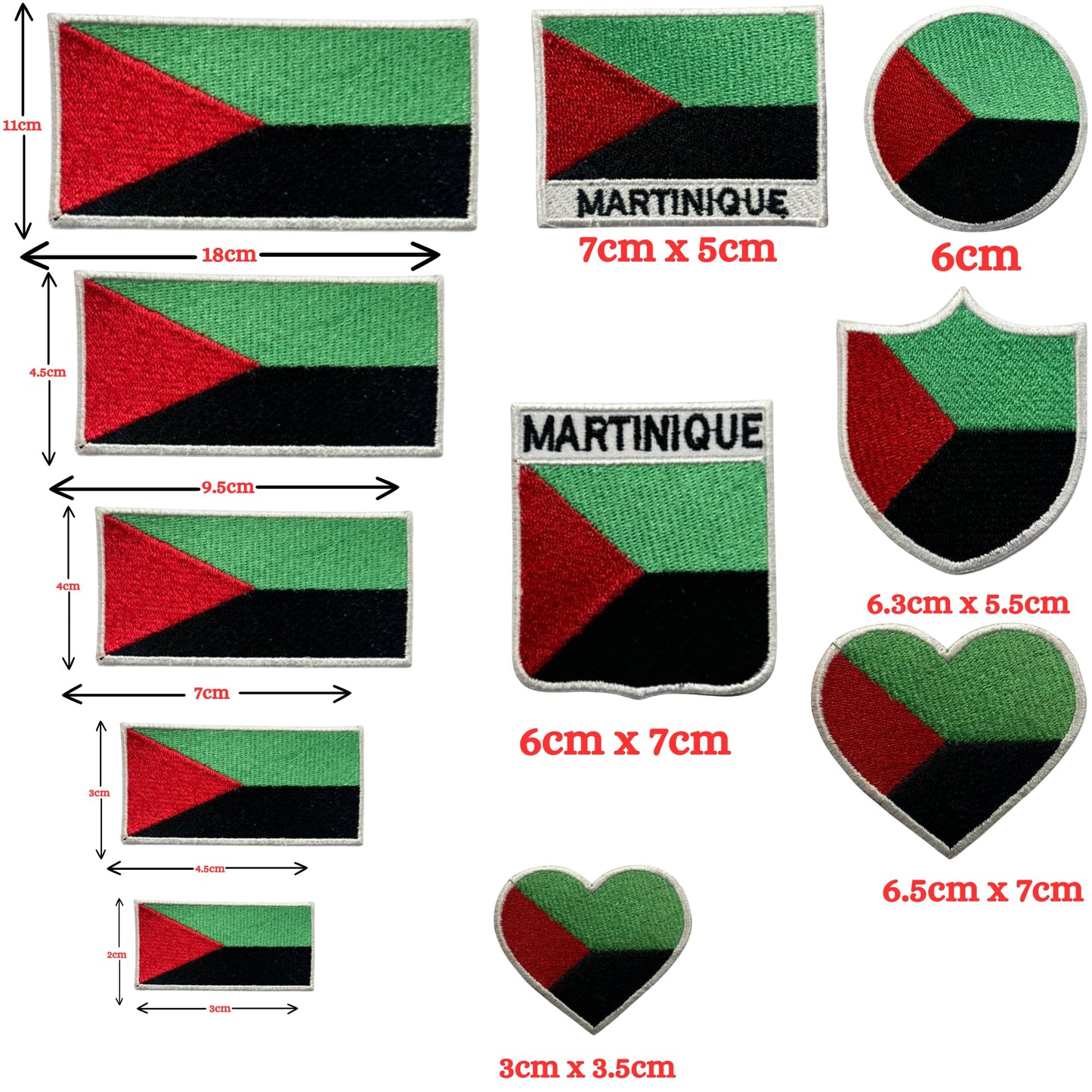 Martinique Flag Embroidered Patch Set, Iron-On or Sew-On Applique Badges, Rectangle Shield Round Heart Shapes, for Jackets, Backpacks, Hats, Uniforms and Various Sizes