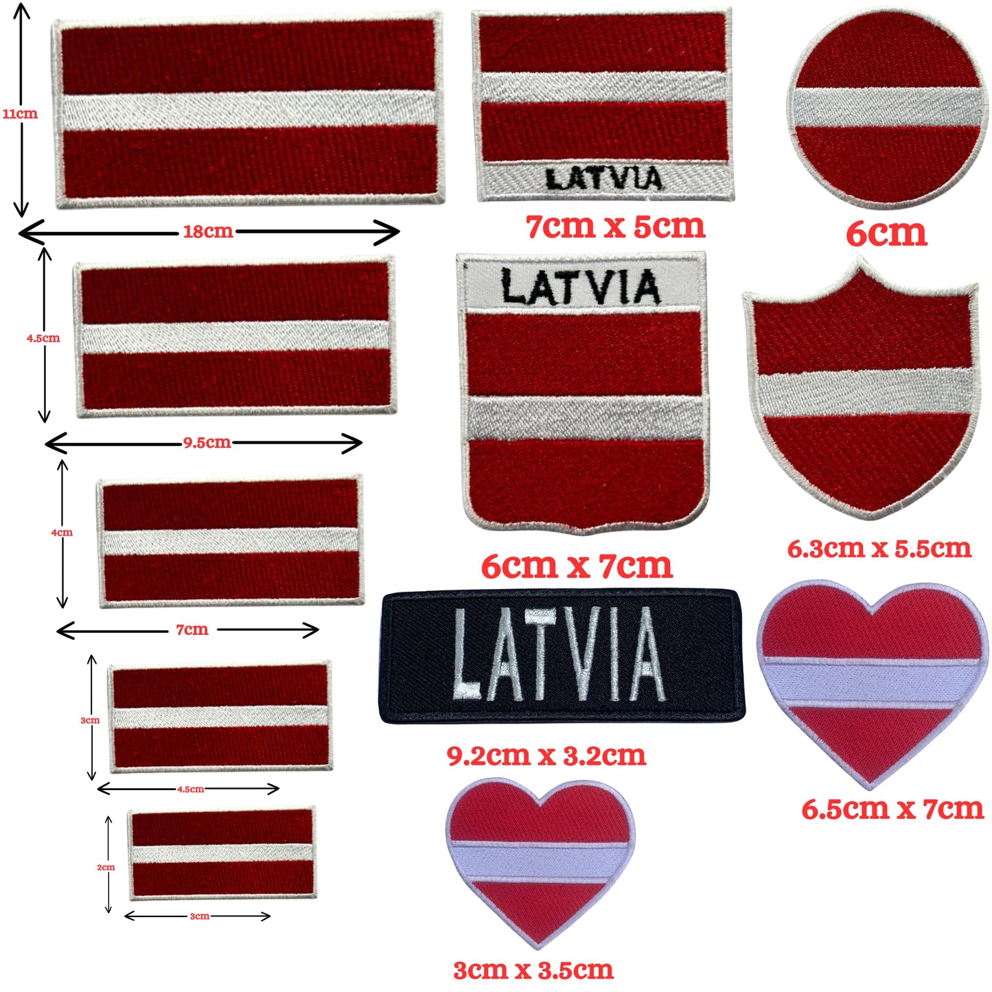 Latvia Flag Embroidered Patch Set, Iron-On or Sew-On Applique Badges, Rectangle Shield Round Heart Shapes, for Jackets, Backpacks, Hats, Uniforms and Various Sizes