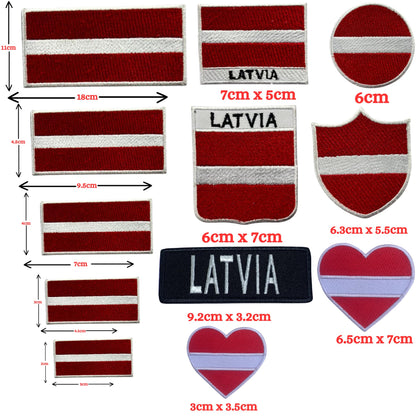 Latvia Flag Embroidered Patch Set, Iron-On or Sew-On Applique Badges, Rectangle Shield Round Heart Shapes, for Jackets, Backpacks, Hats, Uniforms and Various Sizes