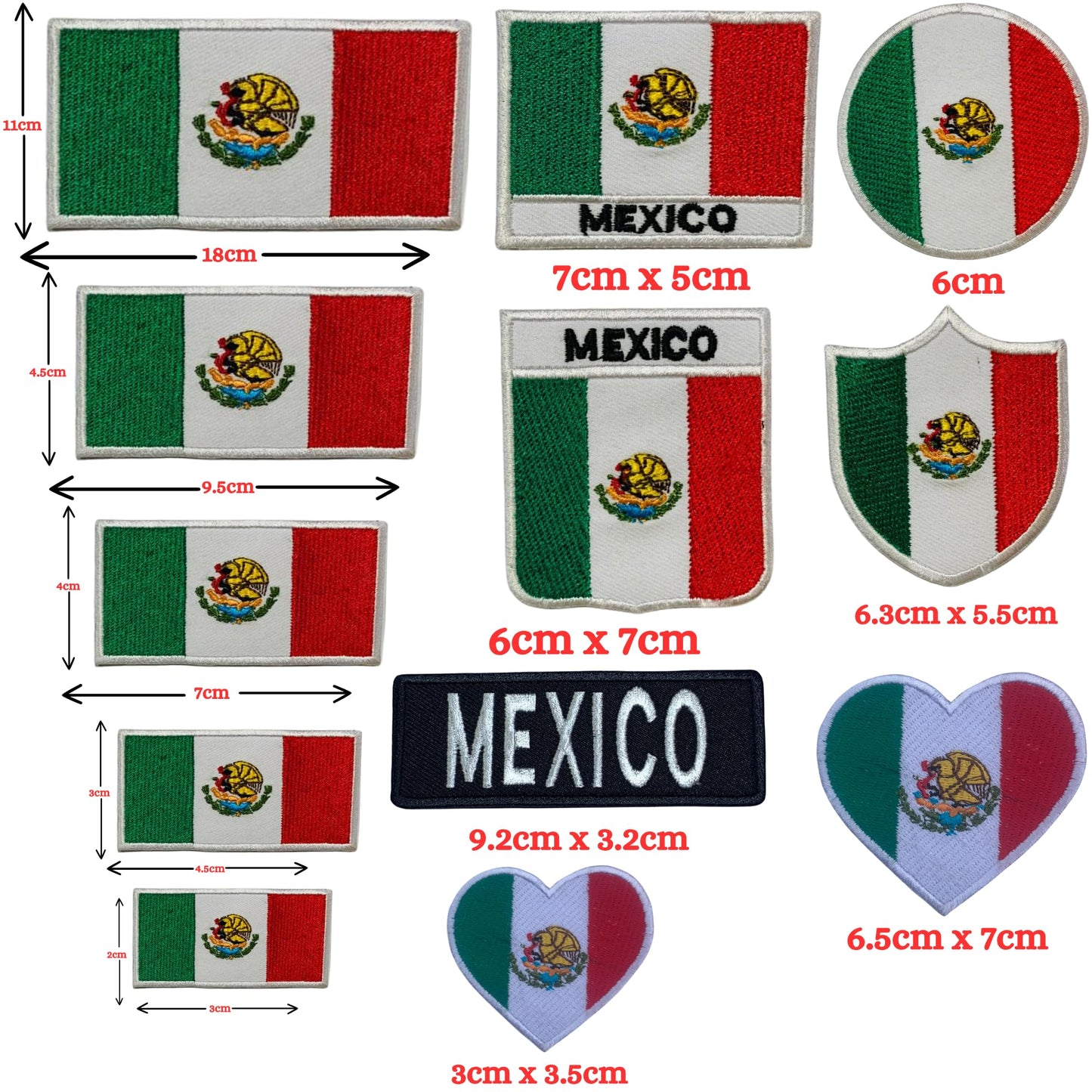 Mexico Flag Embroidered Patches, Iron-On/Sew-On Applique, Shield, Round, Heart and Rectangle Flag Badges for Jackets, Bags, Uniforms, Various Sizes