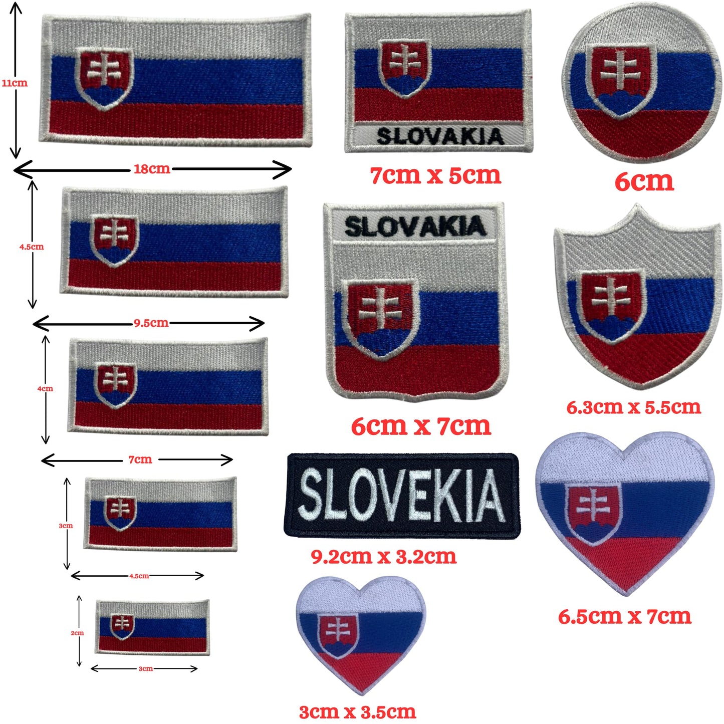 Slovakia Flag Embroidered Patch Set, Iron-On or Sew-On Applique Badges, Rectangle Shield Round Heart Shapes, for Jackets, Backpacks, Hats, Uniforms and Various Sizes
