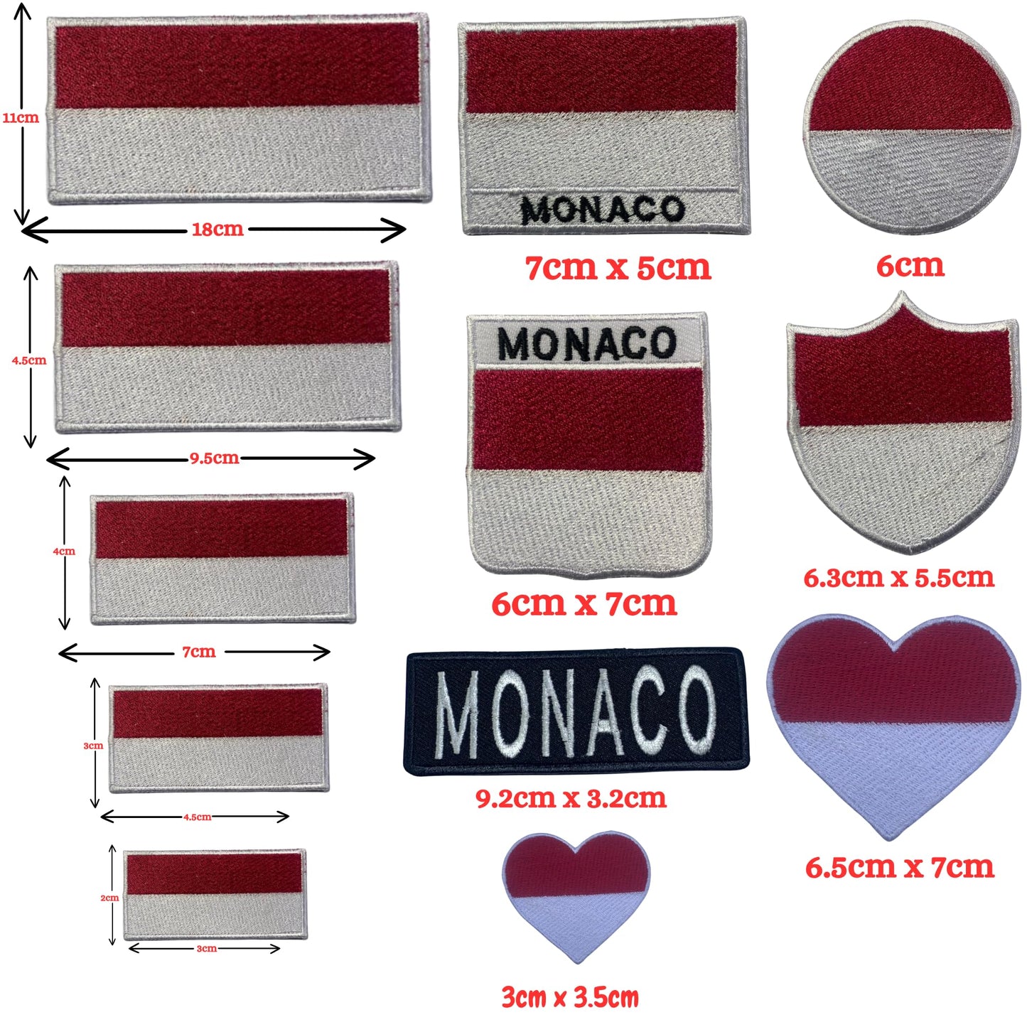 Monaco Flag Embroidered Patch Set, Iron-On or Sew-On Applique Badges, Rectangle Shield Round Heart Shapes, for Jackets, Backpacks, Hats, Uniforms and Various Sizes