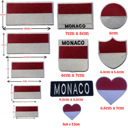 Monaco Flag Embroidered Patch Set, Iron-On or Sew-On Applique Badges, Rectangle Shield Round Heart Shapes, for Jackets, Backpacks, Hats, Uniforms and Various Sizes