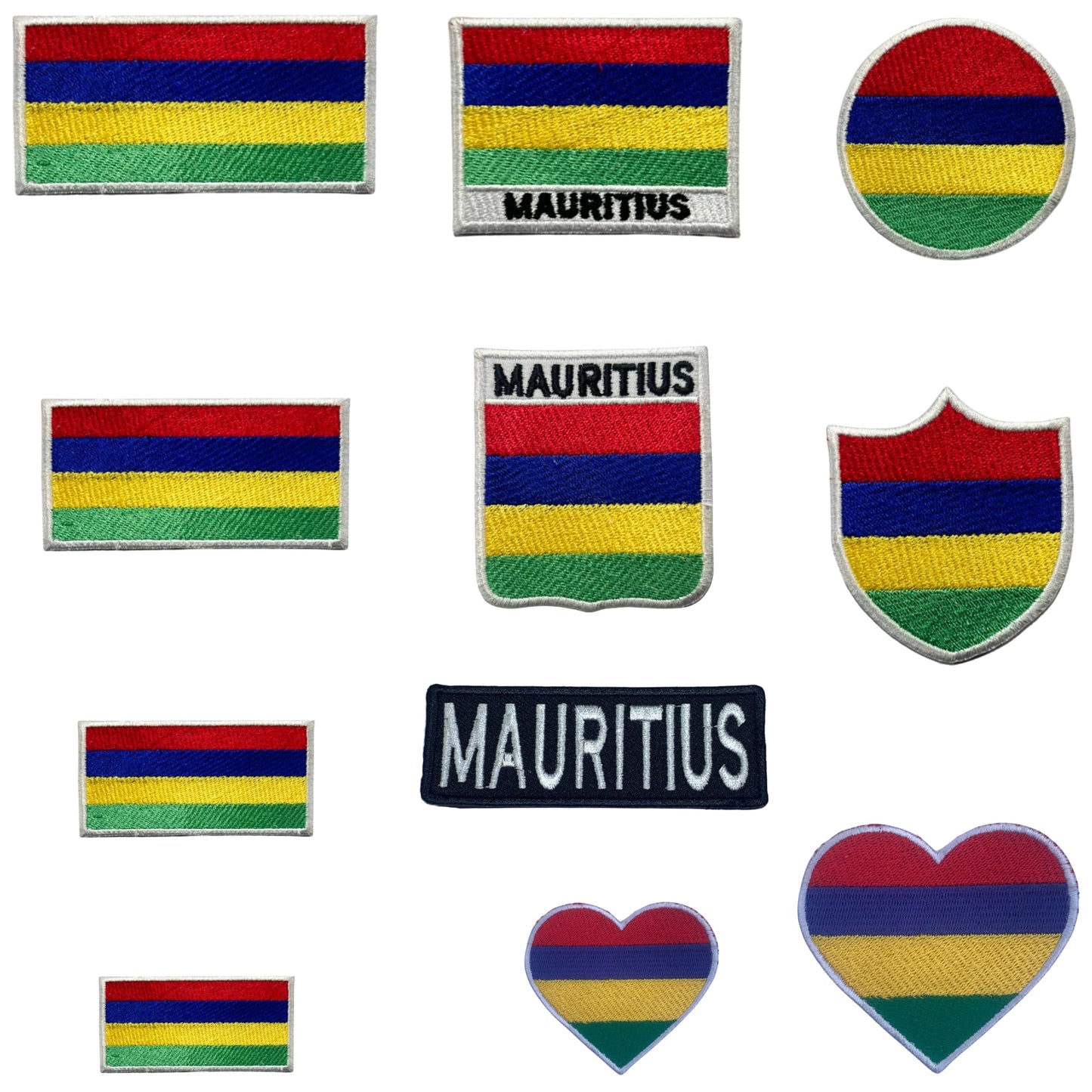 Mauritius Flag Embroidered Patch Set, Iron-On or Sew-On Applique Badges, Rectangle Shield Round Heart Shapes, for Jackets, Backpacks, Hats, Uniforms and Various Sizes