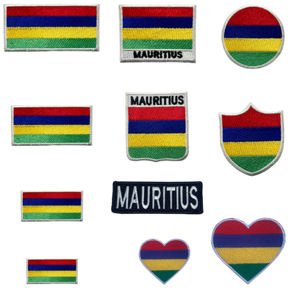 Mauritius Flag Embroidered Patch Set, Iron-On or Sew-On Applique Badges, Rectangle Shield Round Heart Shapes, for Jackets, Backpacks, Hats, Uniforms and Various Sizes