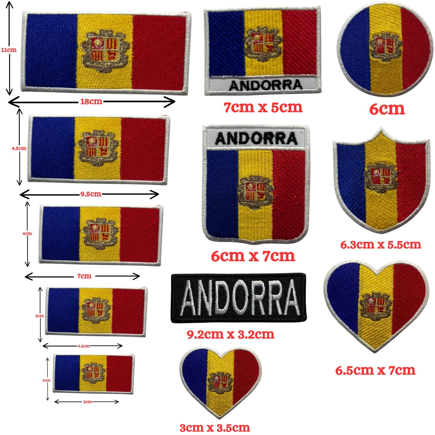Andorra Flag Embroidered Patches, Iron-On/Sew-On Applique, Shield, Round, Heart and Rectangle Flag Badges for Jackets, Bags, Uniforms, Various Sizes