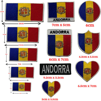 Andorra Flag Embroidered Patches, Iron-On/Sew-On Applique, Shield, Round, Heart and Rectangle Flag Badges for Jackets, Bags, Uniforms, Various Sizes