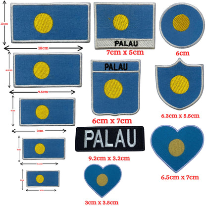 Palau Flag Embroidered Patch Set, Iron-On or Sew-On Applique Badges, Rectangle Shield Round Heart Shapes, for Jackets, Backpacks, Hats, Uniforms and Various Sizes