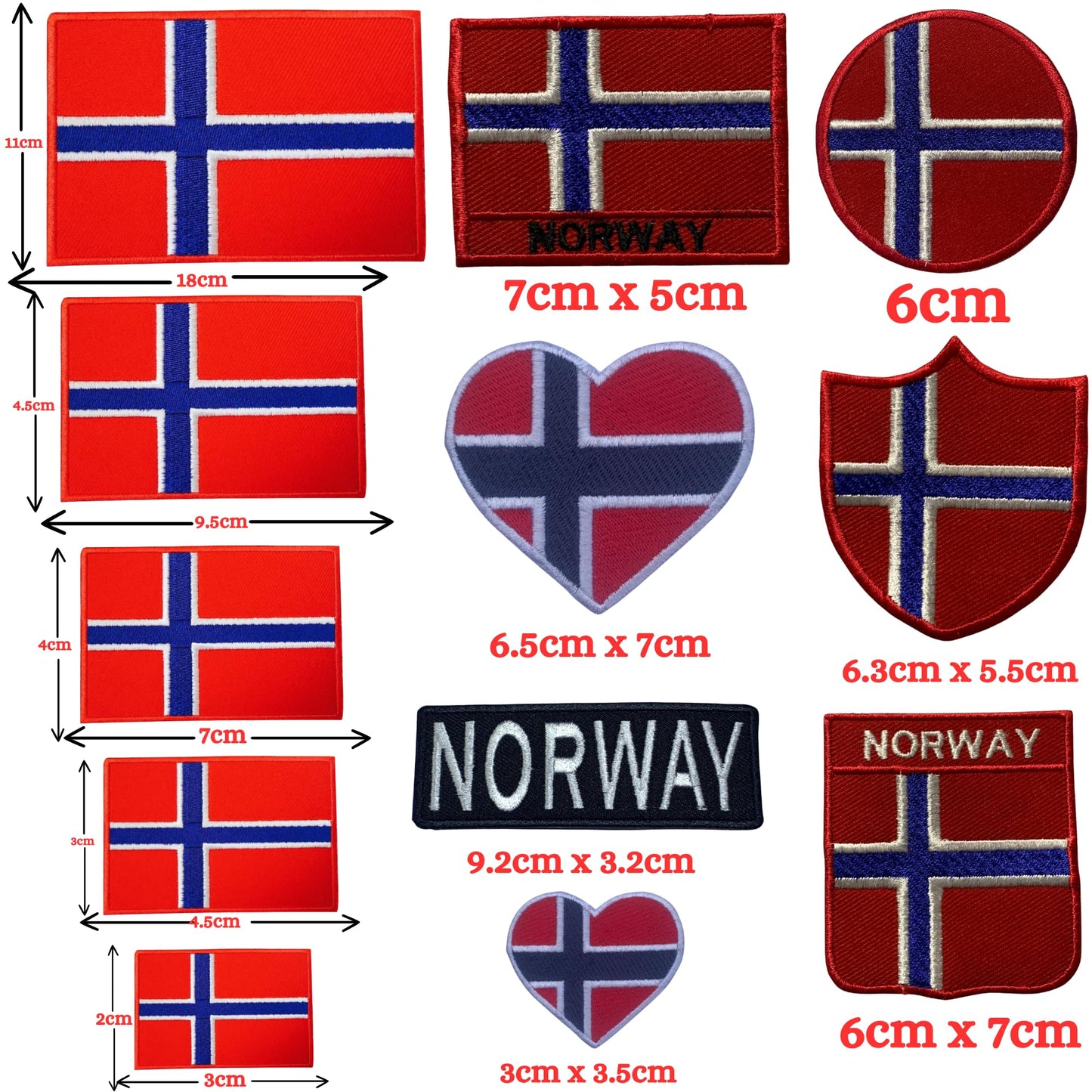 BeBuz Norway Flag Embroidered Patches, Iron-On/Sew-On Applique, Shield, Round, Heart and Rectangle Flag Badges for Jackets, Bags, Uniforms, Various Sizes