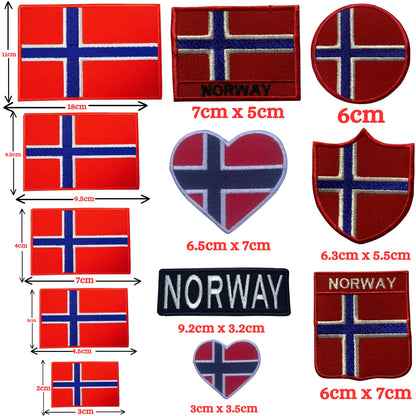 BeBuz Norway Flag Embroidered Patches, Iron-On/Sew-On Applique, Shield, Round, Heart and Rectangle Flag Badges for Jackets, Bags, Uniforms, Various Sizes