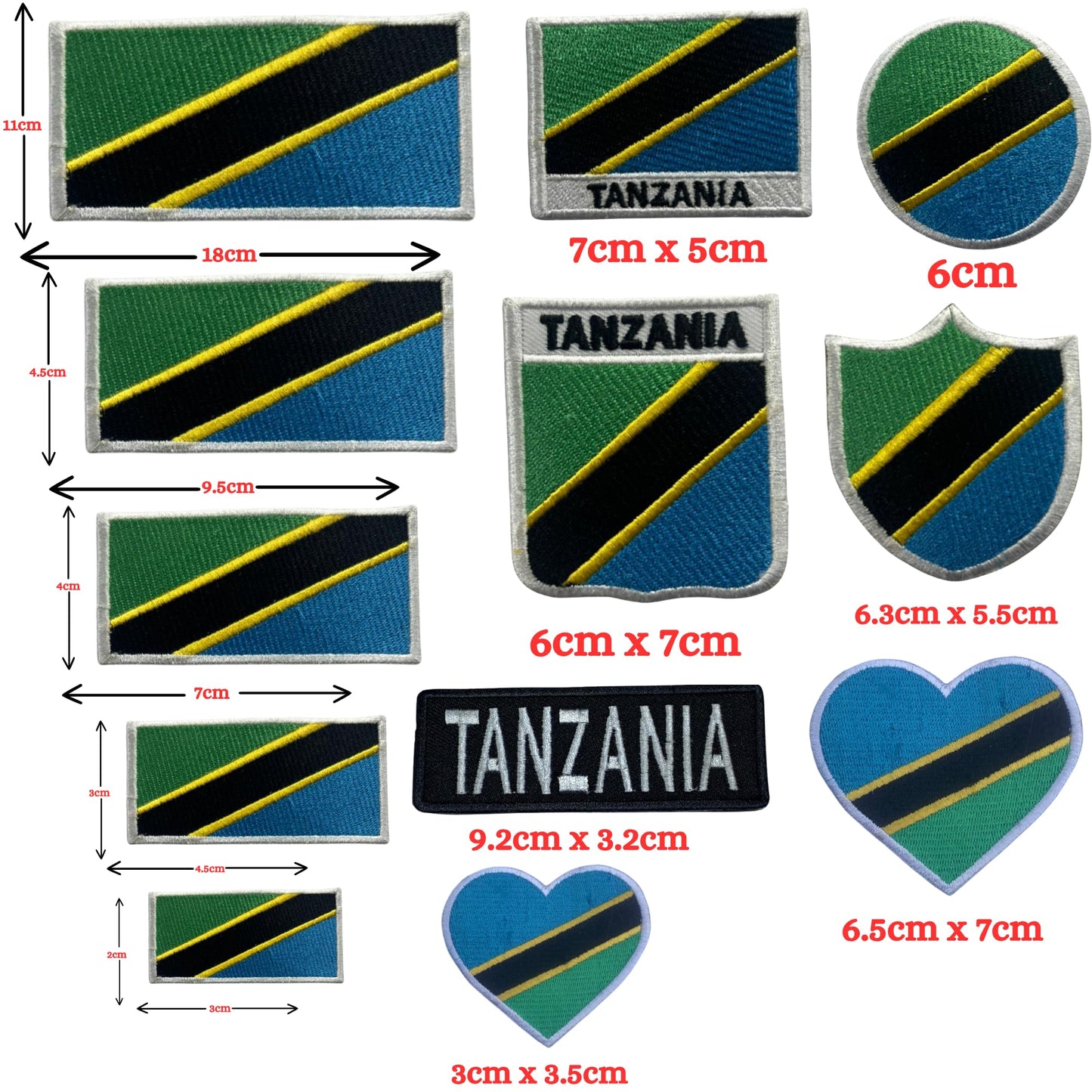 Tanzania Flag Embroidered Patch Set, Iron-On or Sew-On Applique Badges, Rectangle Shield Round Heart Shapes, for Jackets, Backpacks, Hats, Uniforms and Various Sizes