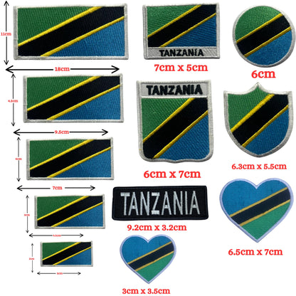 Tanzania Flag Embroidered Patch Set, Iron-On or Sew-On Applique Badges, Rectangle Shield Round Heart Shapes, for Jackets, Backpacks, Hats, Uniforms and Various Sizes