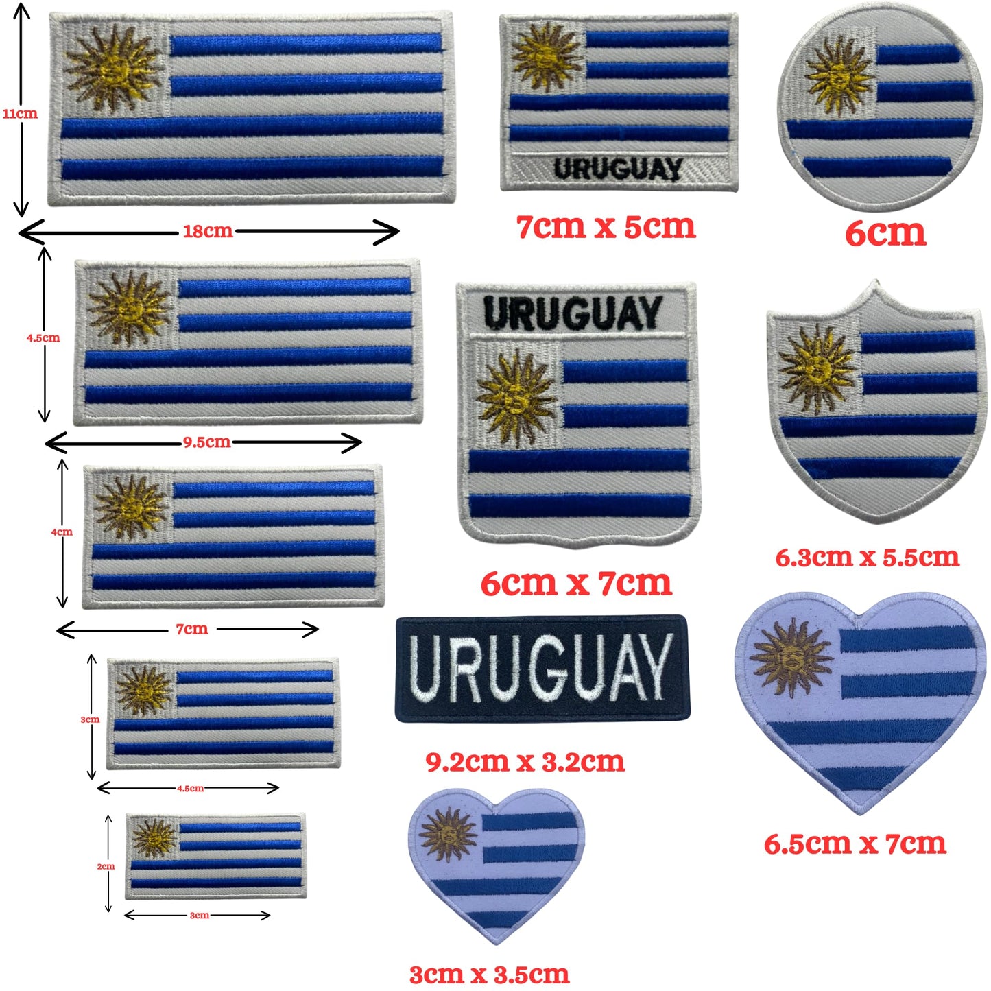 Uruguay Flag Embroidered Patches, Iron-On/Sew-On Applique, Shield, Round, Heart and Rectangle Flag Badges for Jackets, Bags, Uniforms, Various Sizes