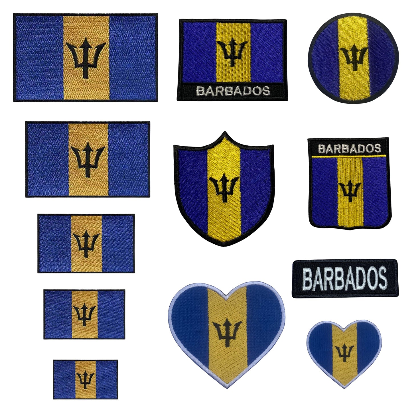 Barbados Flag Embroidered Patches, Iron-On/Sew-On Applique, Shield, Round, Heart and Rectangle Flag Badges for Jackets, Bags, Uniforms, Various Sizes
