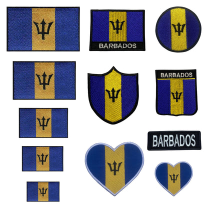 Barbados Flag Embroidered Patches, Iron-On/Sew-On Applique, Shield, Round, Heart and Rectangle Flag Badges for Jackets, Bags, Uniforms, Various Sizes