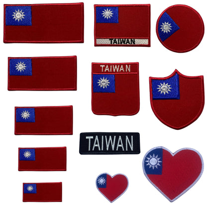 Taiwan Flag Embroidered Patch Set, Iron-On or Sew-On Applique Badges, Rectangle Shield Round Heart Shapes, for Jackets, Backpacks, Hats, Uniforms and Various Sizes