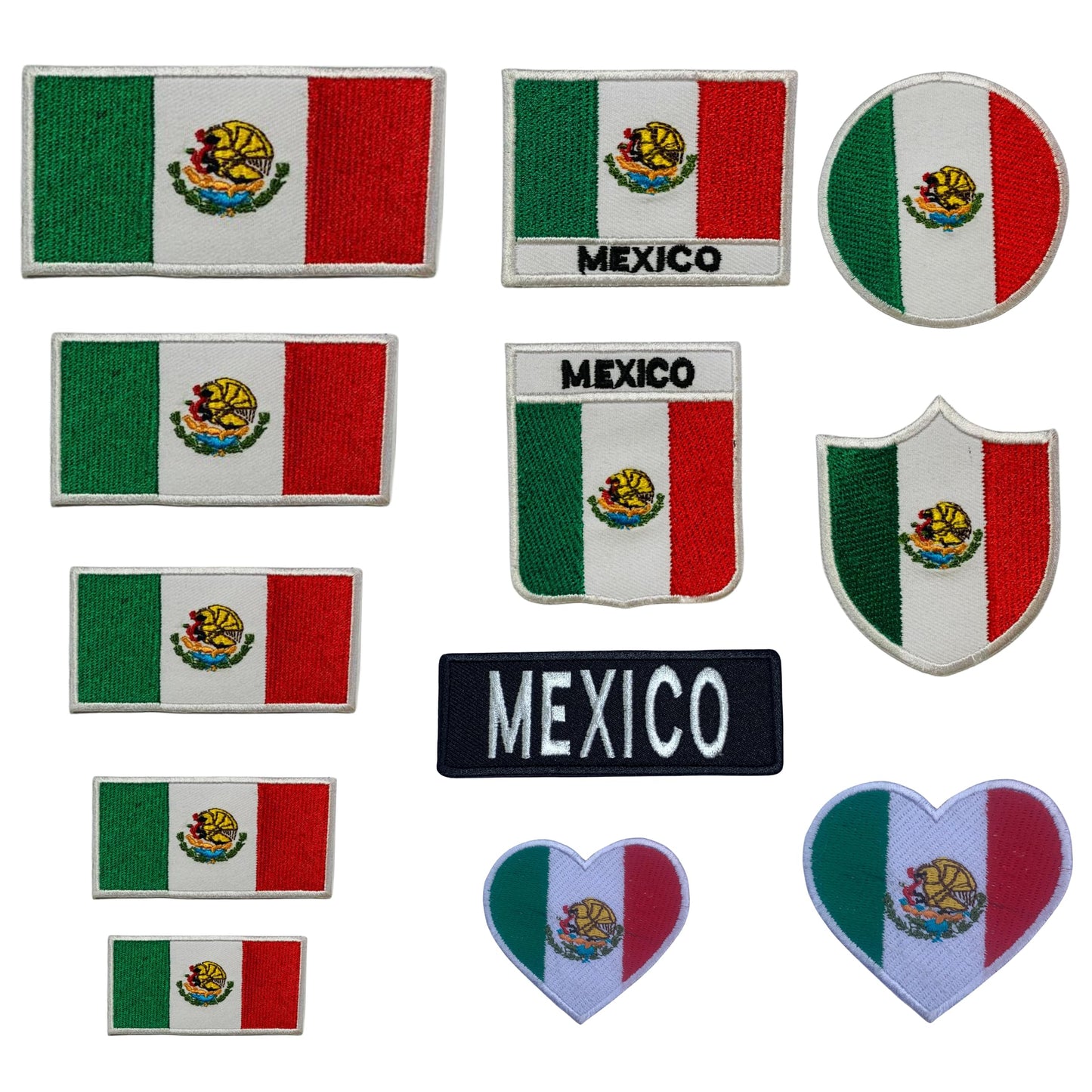 Mexico Flag Embroidered Patches, Iron-On/Sew-On Applique, Shield, Round, Heart and Rectangle Flag Badges for Jackets, Bags, Uniforms, Various Sizes