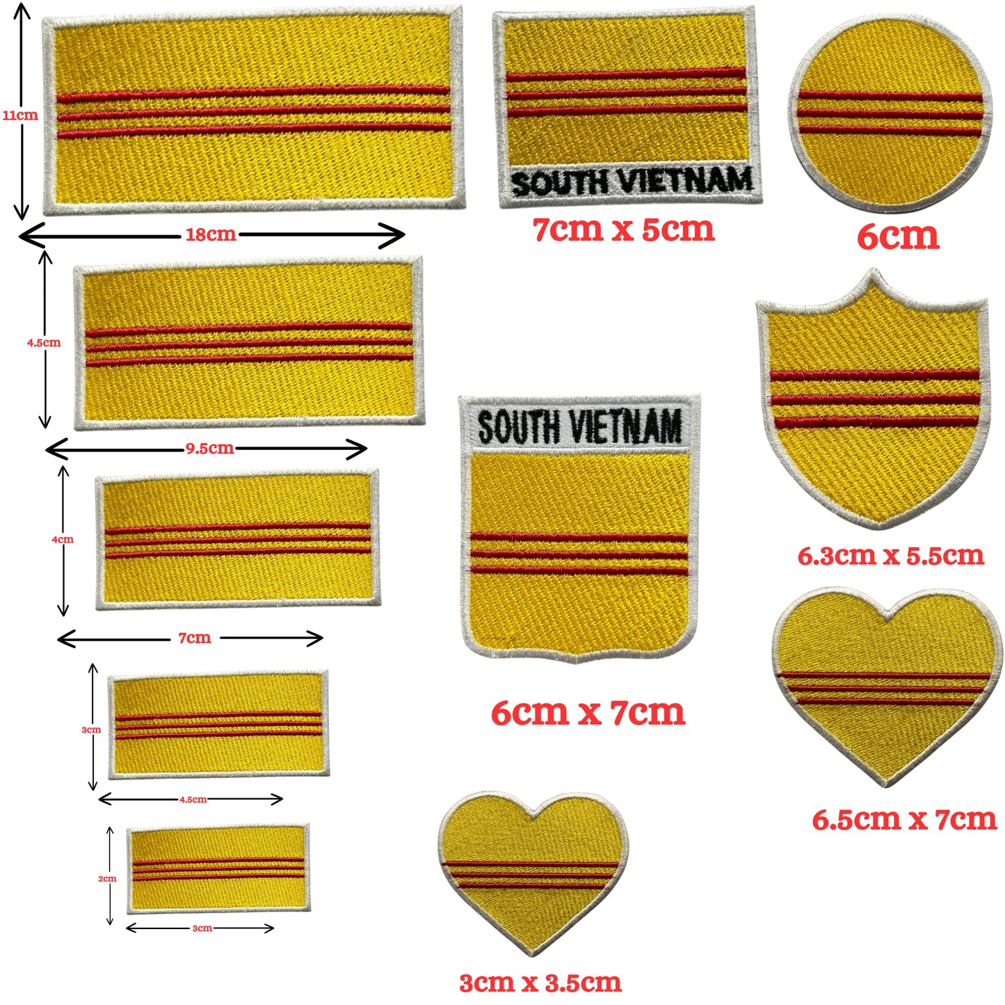 South Vietnam Flag Embroidered Patch Set, Iron-On or Sew-On Applique Badges, Rectangle Shield Round Heart Shapes, for Jackets, Backpacks, Hats, Uniforms and Various Sizes