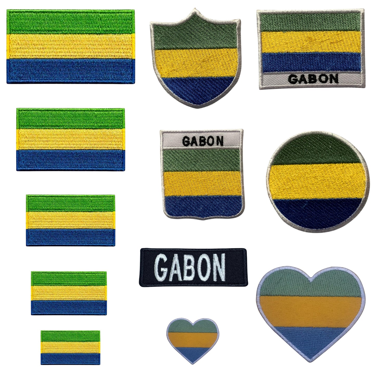 Gabon Flag Embroidered Patch Set, Iron-On or Sew-On Applique Badges, Rectangle Shield Round Heart Shapes, for Jackets, Backpacks, Hats, Uniforms and Various Sizes