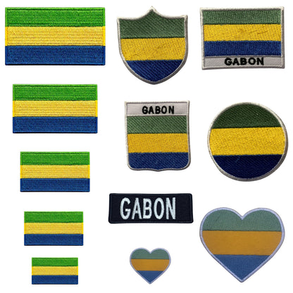 Gabon Flag Embroidered Patch Set, Iron-On or Sew-On Applique Badges, Rectangle Shield Round Heart Shapes, for Jackets, Backpacks, Hats, Uniforms and Various Sizes