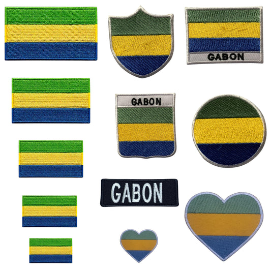 Gabon Flag Embroidered Patch Set, Iron-On or Sew-On Applique Badges, Rectangle Shield Round Heart Shapes, for Jackets, Backpacks, Hats, Uniforms and Various Sizes