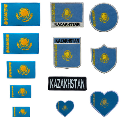 Kazakhstan Flag Embroidered Patch Set, Iron-On or Sew-On Applique Badges, Rectangle Shield Round Heart Shapes, for Jackets, Backpacks, Hats, Uniforms and Various Sizes