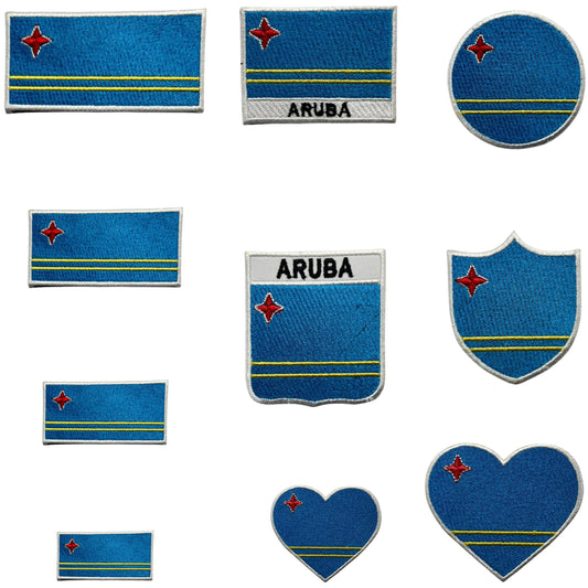 Aruba Flag Embroidered Patch Set, Iron-On or Sew-On Applique Badges, Rectangle Shield Round Heart Shapes, for Jackets, Backpacks, Hats, Uniforms and Various Sizes