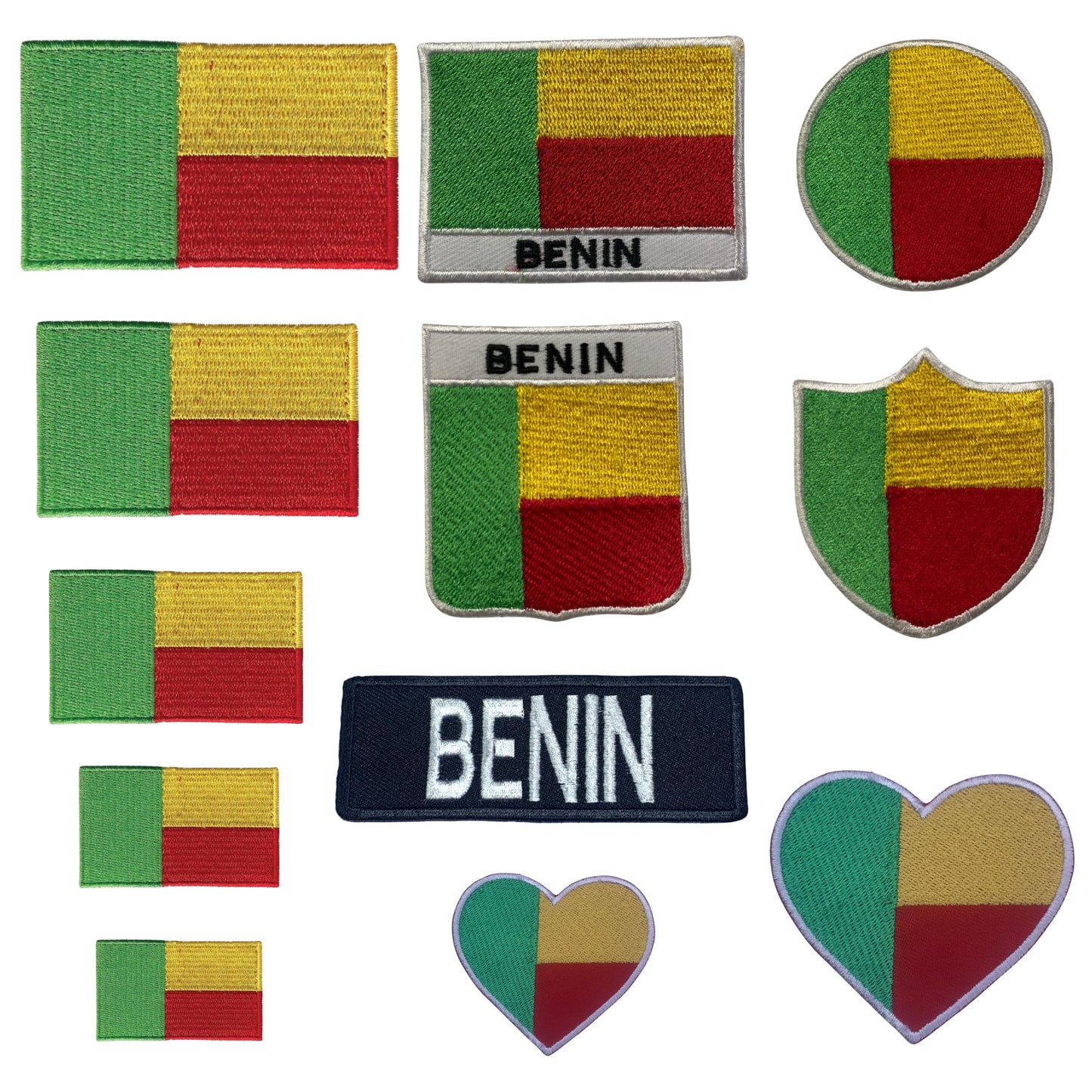 BeBuz Benin Flag Embroidered Patches, Iron-On/Sew-On Applique, Shield, Round, Heart and Rectangle Flag Badges for Jackets, Bags, Uniforms, Various Sizes