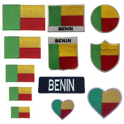 BeBuz Benin Flag Embroidered Patches, Iron-On/Sew-On Applique, Shield, Round, Heart and Rectangle Flag Badges for Jackets, Bags, Uniforms, Various Sizes