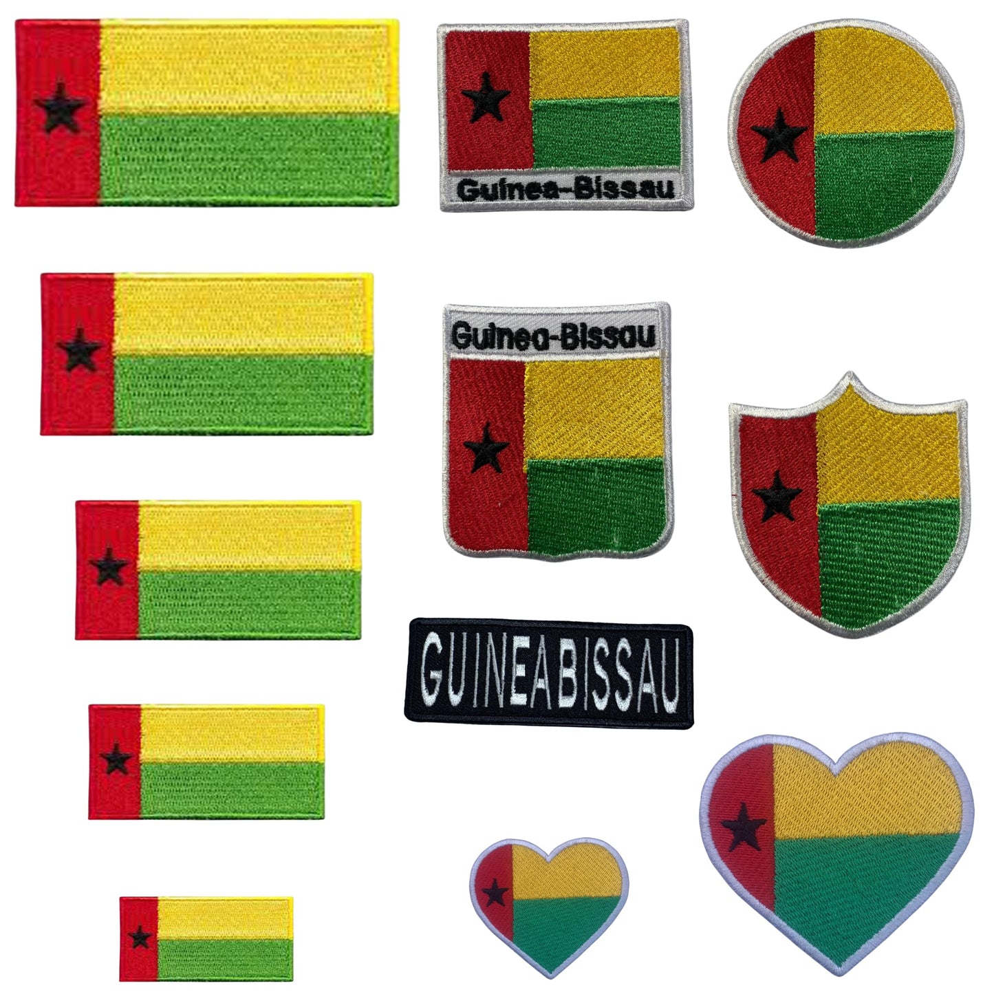 Guinea-Bissau Flag Embroidered Patch Set, Iron-On or Sew-On Applique Badges, Rectangle Shield Round Heart Shapes, for Jackets, Backpacks, Hats, Uniforms and Various Sizes