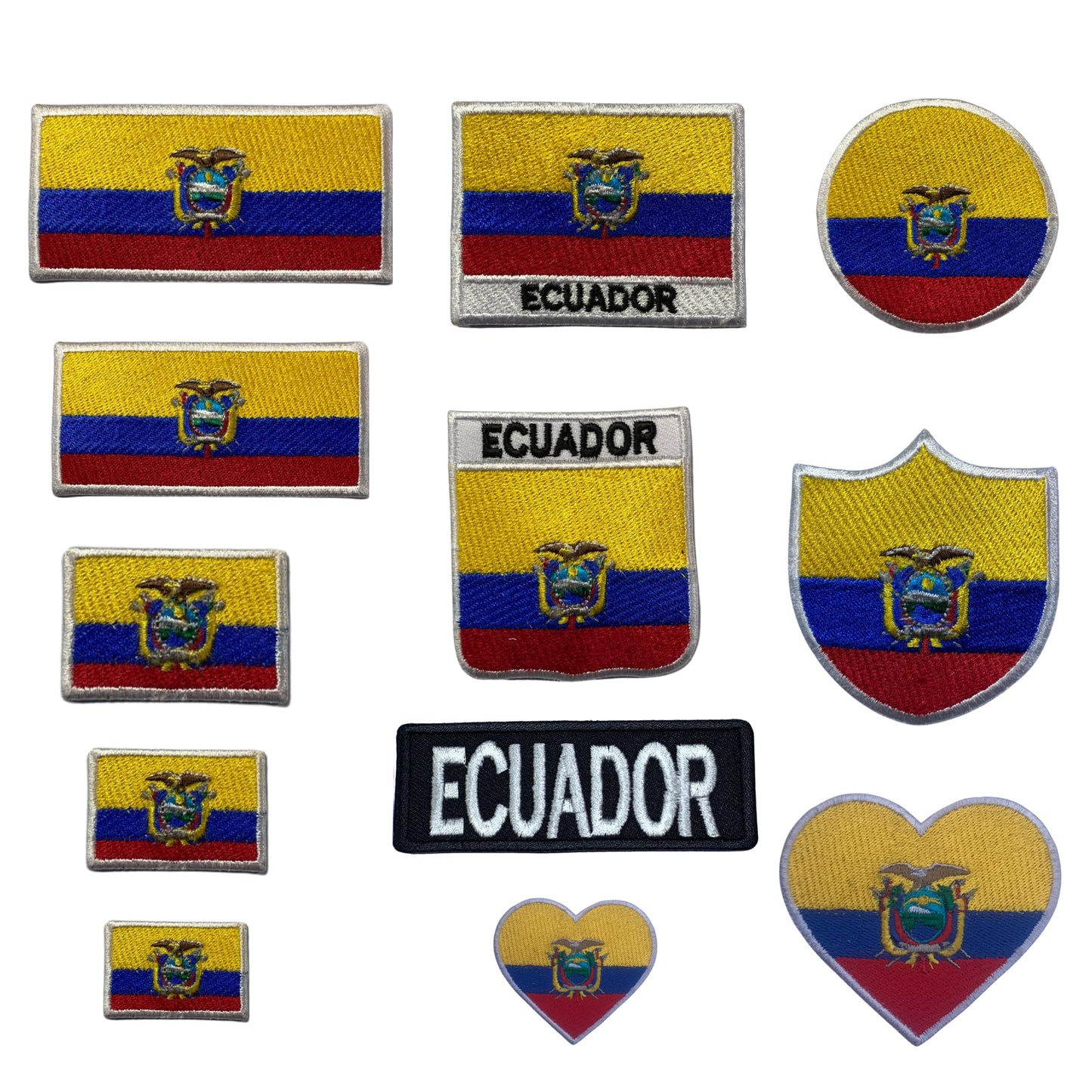 Ecuador Flag Embroidered Patches, Iron-On/Sew-On Applique, Shield, Round, Heart and Rectangle Flag Badges for Jackets, Bags, Uniforms, Various Sizes