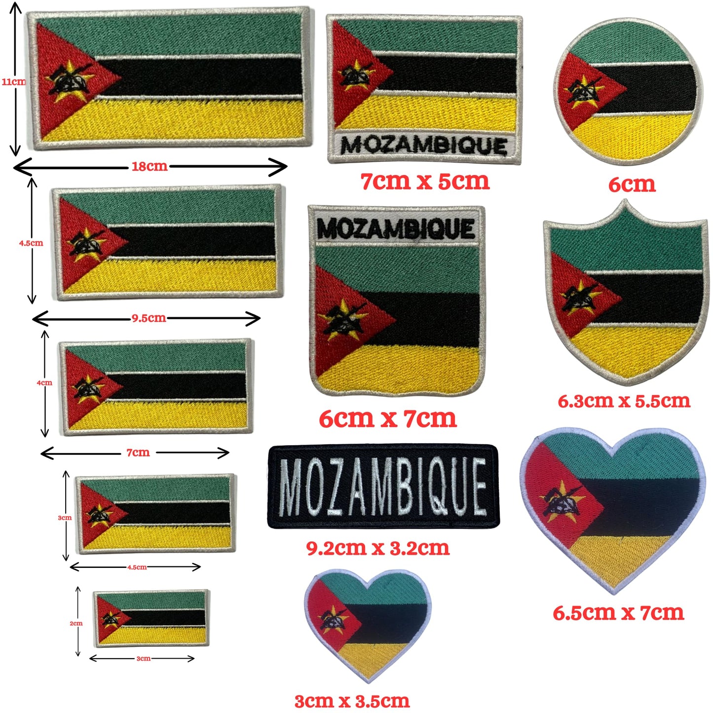 Mozambique Flag Embroidered Patch Set, Iron-On or Sew-On Applique Badges, Rectangle Shield Round Heart Shapes, for Jackets, Backpacks, Hats, Uniforms and Various Sizes