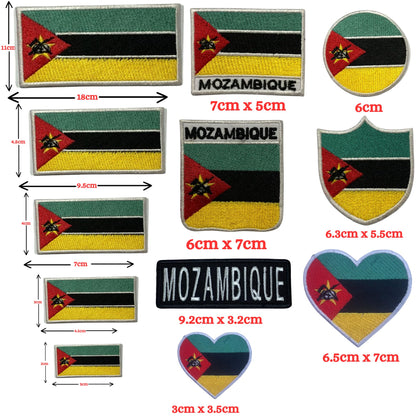 Mozambique Flag Embroidered Patch Set, Iron-On or Sew-On Applique Badges, Rectangle Shield Round Heart Shapes, for Jackets, Backpacks, Hats, Uniforms and Various Sizes