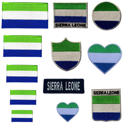 Sierra Leone Flag Embroidered Patch Set, Iron-On or Sew-On Applique Badges, Rectangle Shield Round Heart Shapes, for Jackets, Backpacks, Hats, Uniforms and Various Sizes