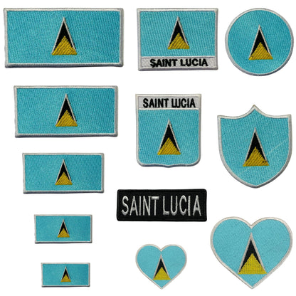 Saint Lucia Flag Embroidered Patch Set, Iron-On or Sew-On Applique Badges, Rectangle Shield Round Heart Shapes, for Jackets, Backpacks, Hats, Uniforms and Various Sizes