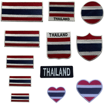 Thailand Flag Embroidered Patch Set, Iron-On or Sew-On Applique Badges, Rectangle Shield Round Heart Shapes, for Jackets, Backpacks, Hats, Uniforms and Various Sizes