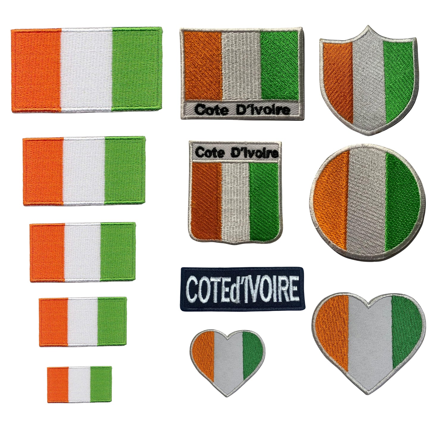Cote D'Ivoire Flag Embroidered Patches, Iron-On/Sew-On Applique, Shield, Round, Heart and Rectangle Flag Badges for Jackets, Bags, Uniforms, Various Sizes
