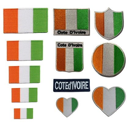 Cote D'Ivoire Flag Embroidered Patches, Iron-On/Sew-On Applique, Shield, Round, Heart and Rectangle Flag Badges for Jackets, Bags, Uniforms, Various Sizes