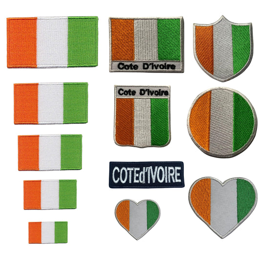Cote D'Ivoire Flag Embroidered Patches, Iron-On/Sew-On Applique, Shield, Round, Heart and Rectangle Flag Badges for Jackets, Bags, Uniforms, Various Sizes