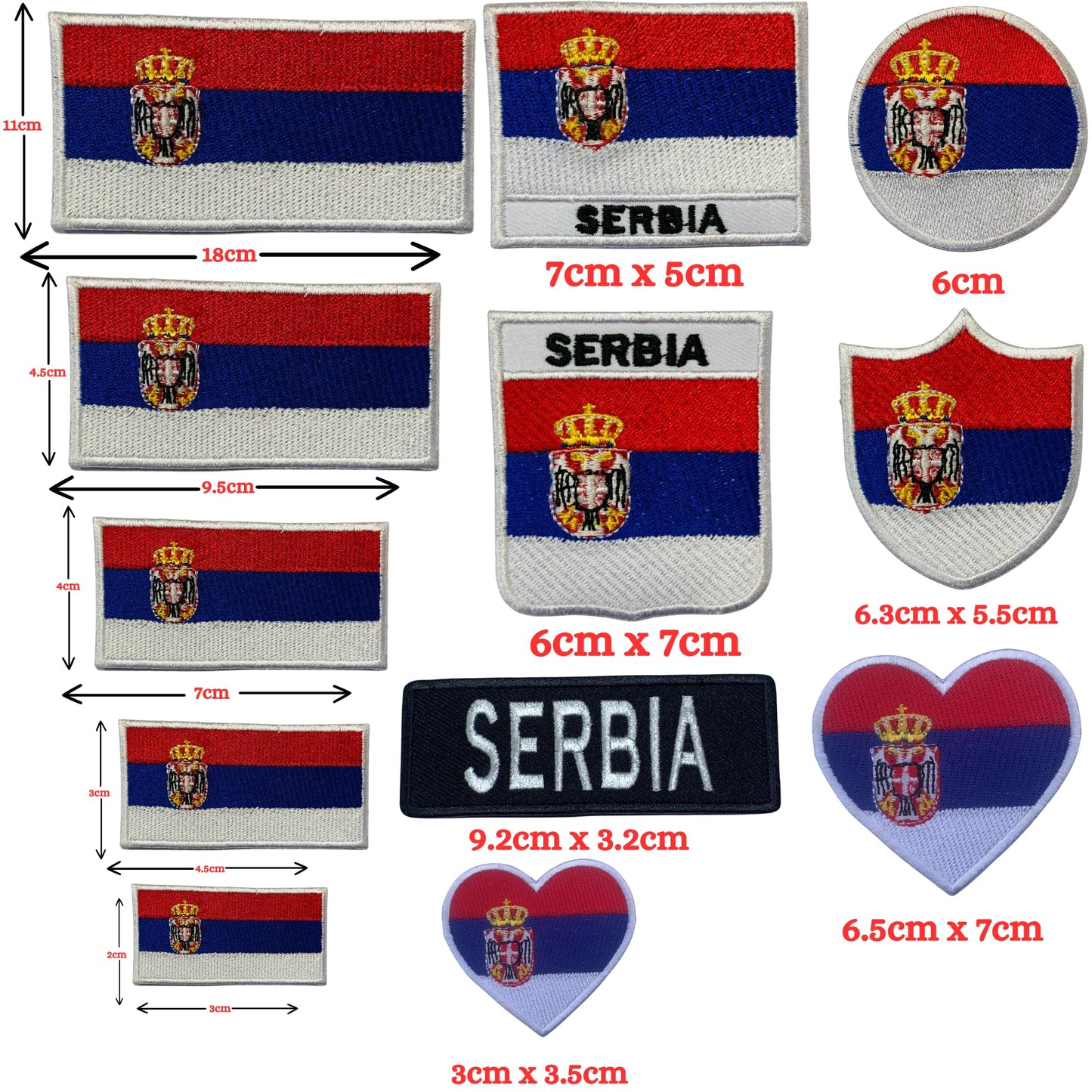 Serbia Flag Embroidered Patch Set, Iron-On or Sew-On Applique Badges, Rectangle Shield Round Heart Shapes, for Jackets, Backpacks, Hats, Uniforms and Various Sizes