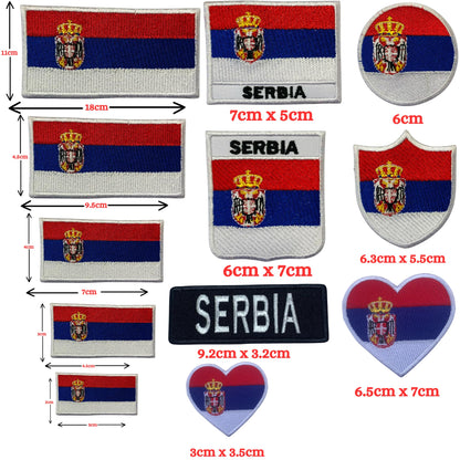 Serbia Flag Embroidered Patch Set, Iron-On or Sew-On Applique Badges, Rectangle Shield Round Heart Shapes, for Jackets, Backpacks, Hats, Uniforms and Various Sizes
