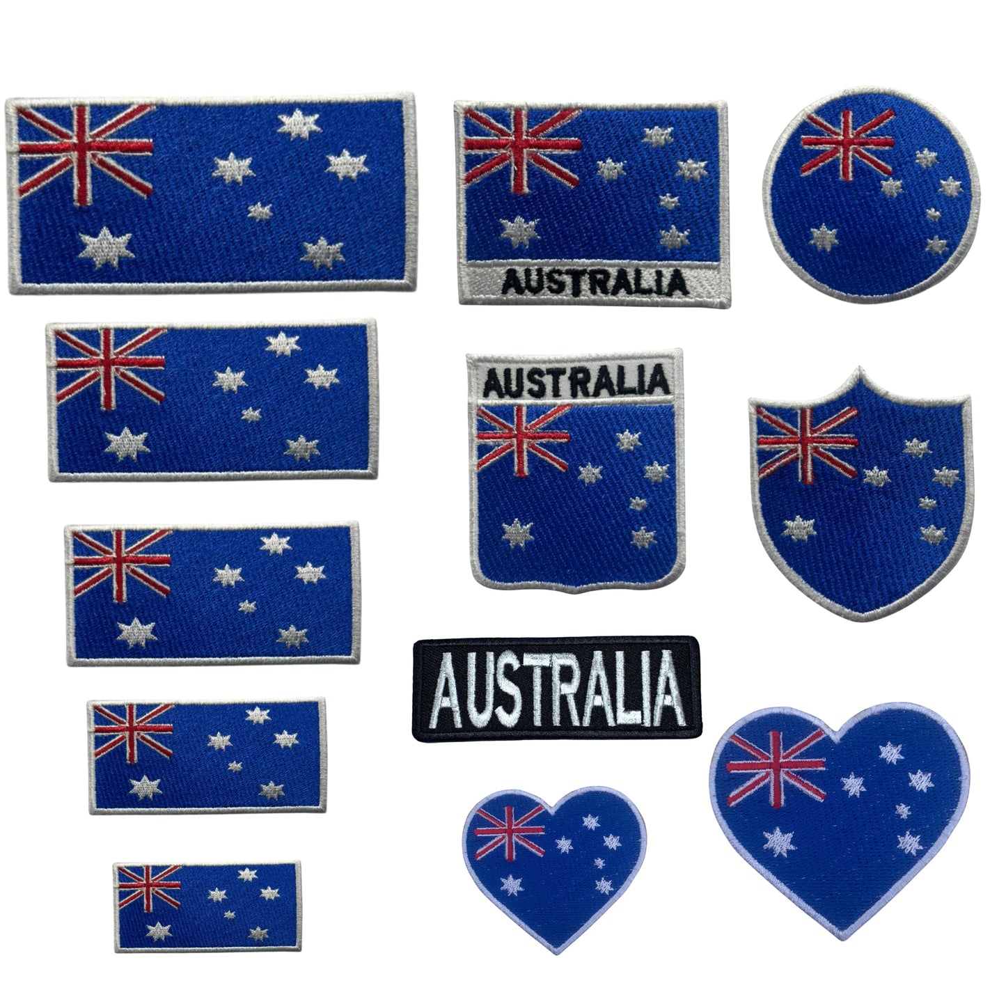 Australia Flag Embroidered Patches, Iron-On/Sew-On Applique, Shield, Round, Heart and Rectangle Flag Badges for Jackets, Bags, Uniforms, Various Sizes
